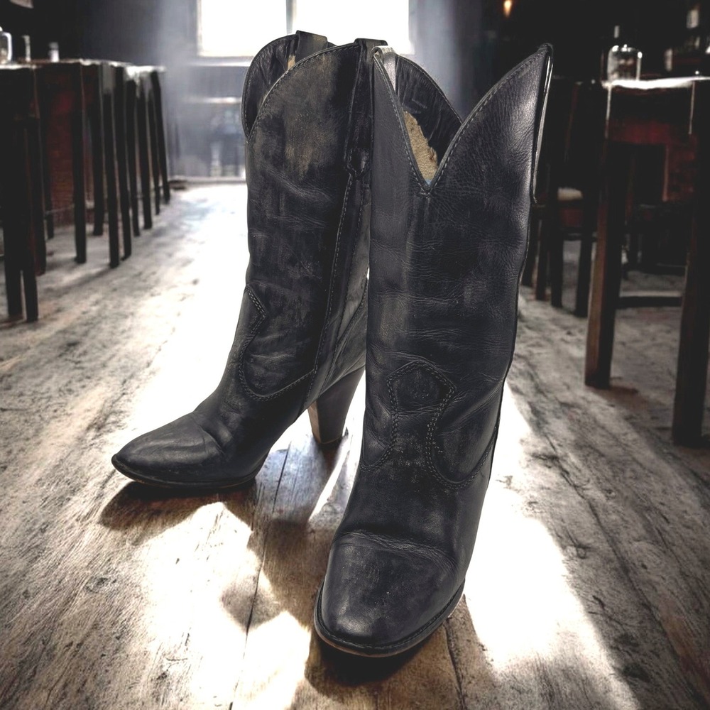 Vintage Zodiac Rusty Cowboy Western Boots Women 7.5 Black Leather Stacked Heel